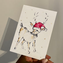 Load image into Gallery viewer, Reindeer Santa Hat Over Eyes - Christmas Card