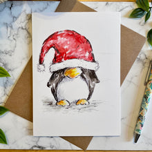 Load image into Gallery viewer, Penguin Santa Hat Over Eyes - Christmas Card