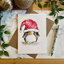 Load image into Gallery viewer, Penguin Santa Hat Over Eyes - Christmas Card