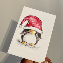 Load image into Gallery viewer, Penguin Santa Hat Over Eyes - Christmas Card