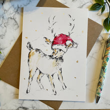 Load image into Gallery viewer, Reindeer Santa Hat Over Eyes - Christmas Card
