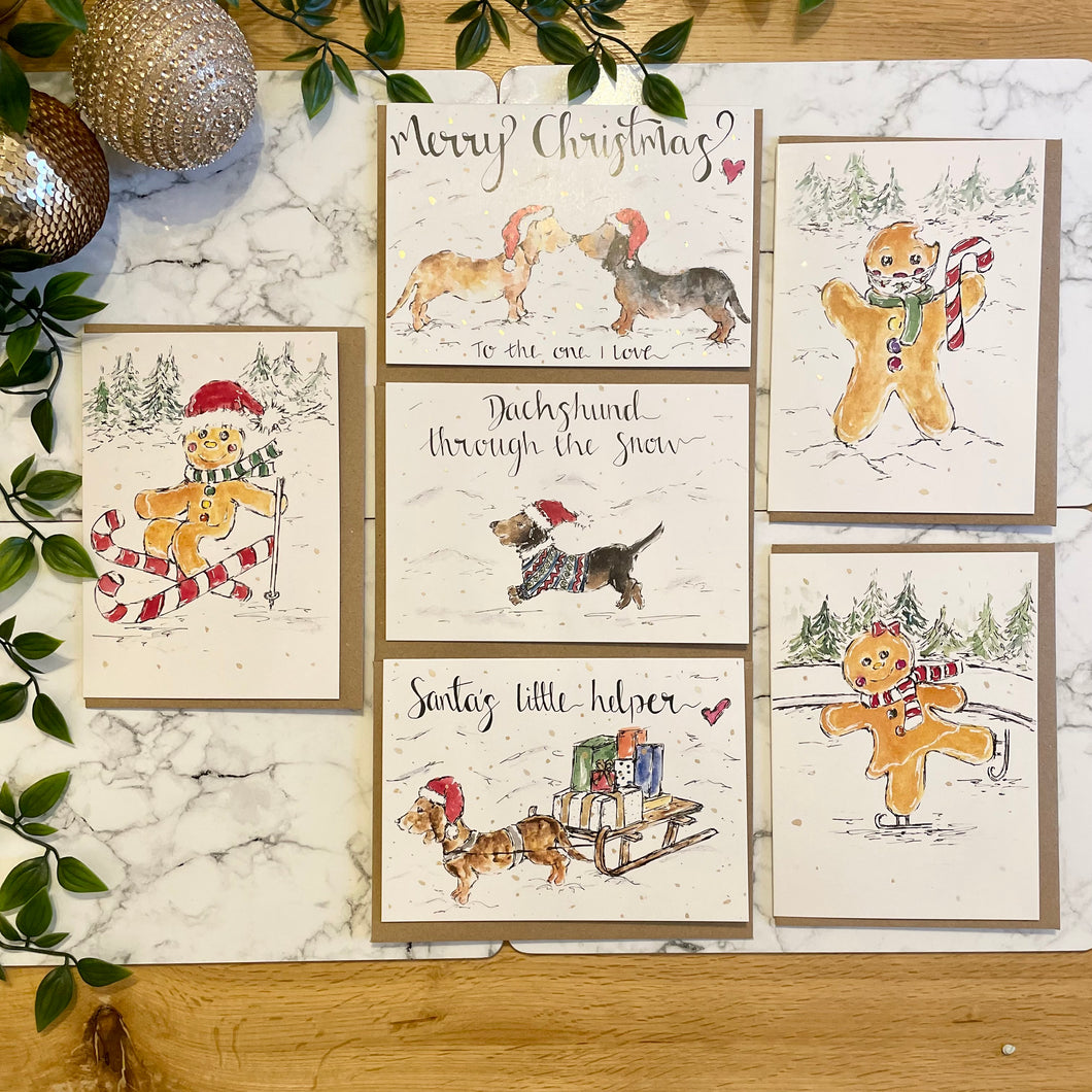 Set of 6 Gingerbread & Dachshund Christmas Cards