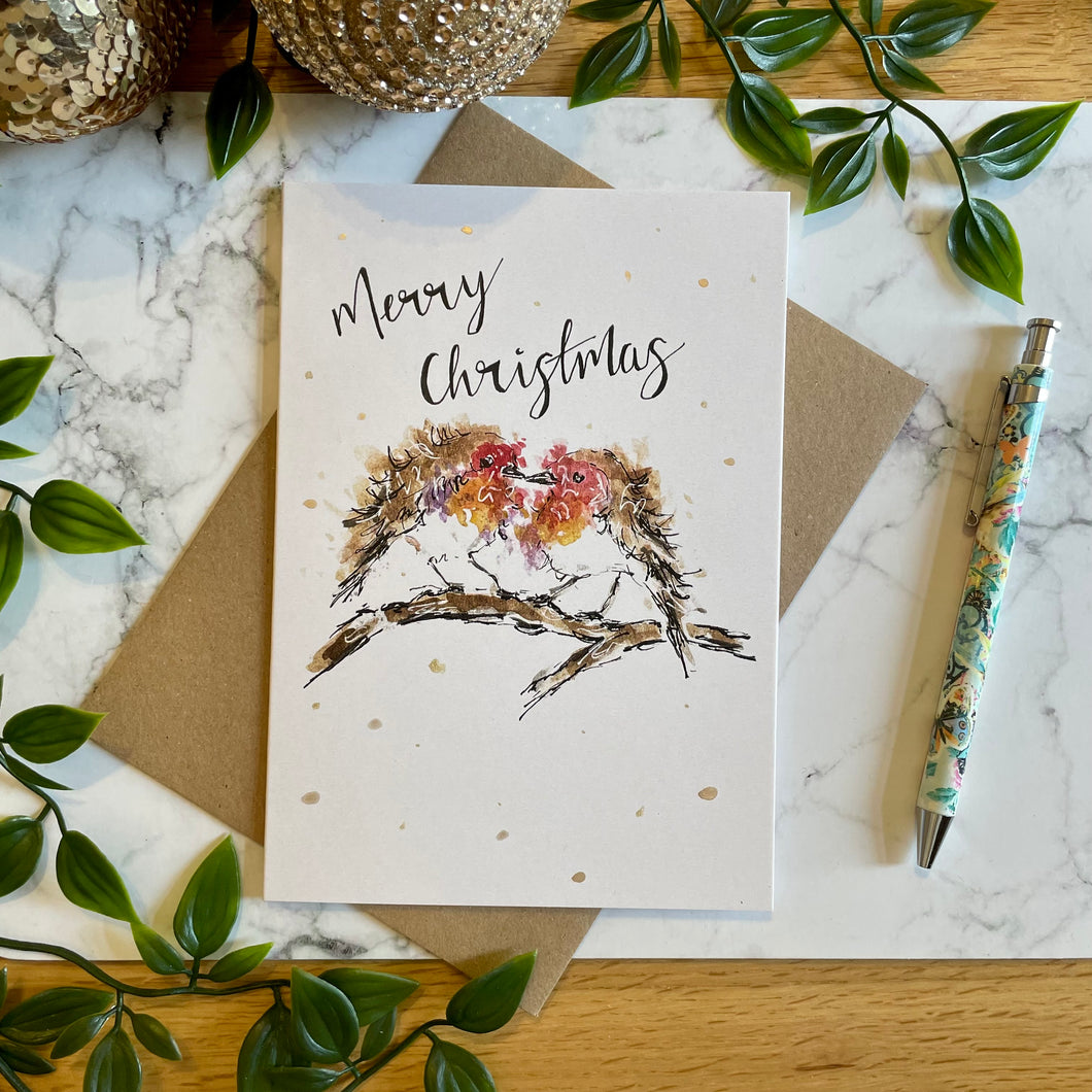 Merry Christmas Robin Love Birds - Christmas Card