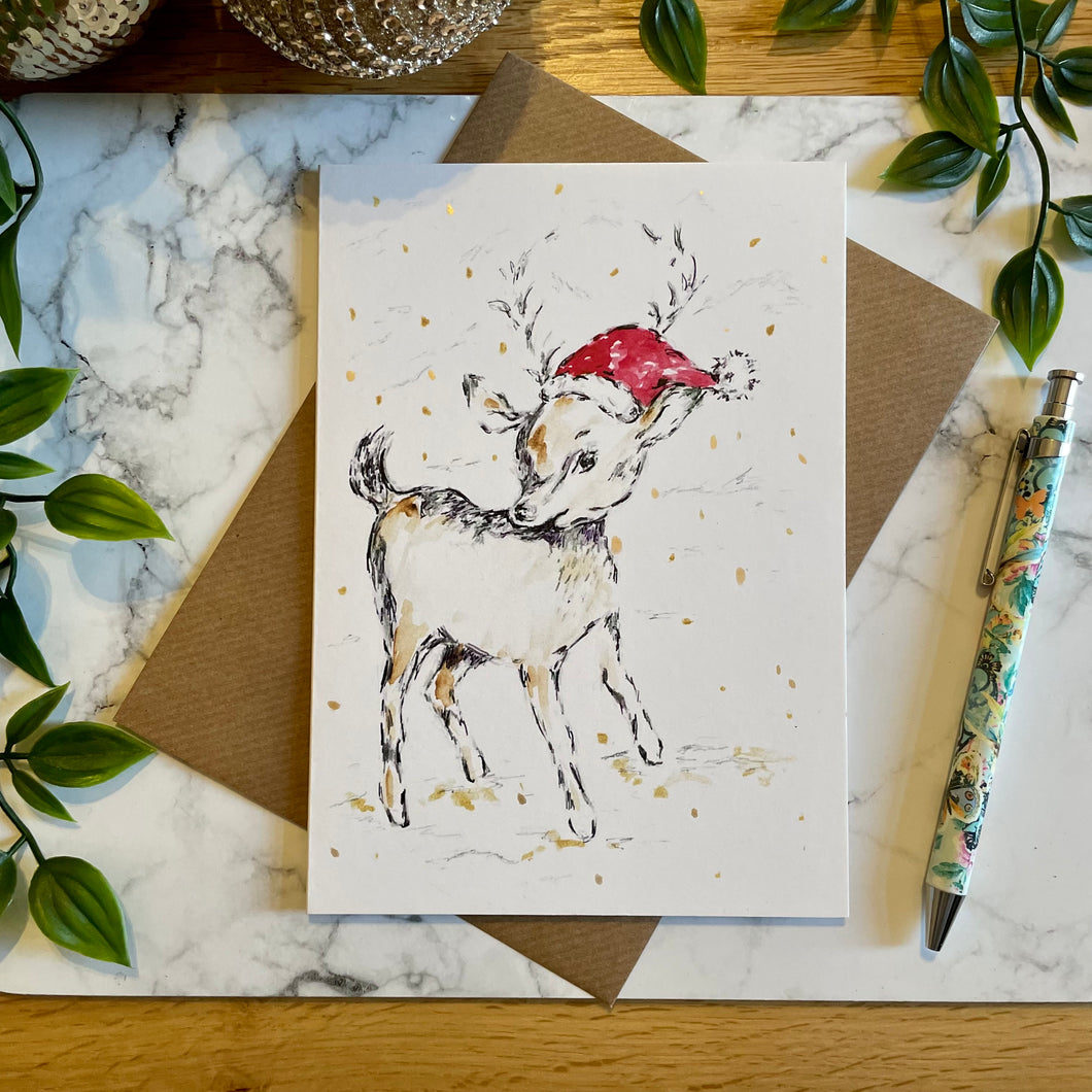 Reindeer Santa Hat - Christmas Card