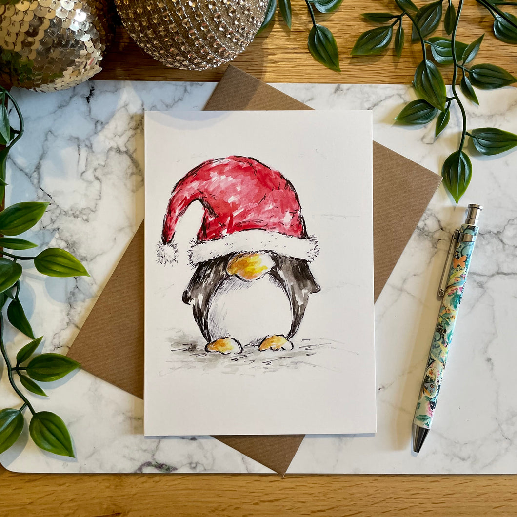 Penguin Santa Hat Over Eyes - Christmas Card