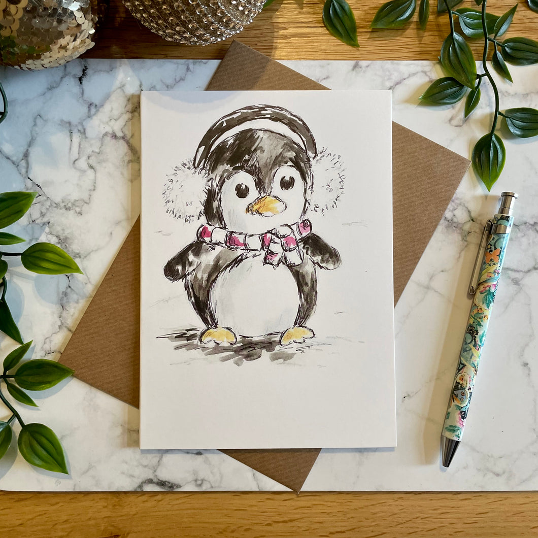 Penguin Earmuffs - Christmas Card