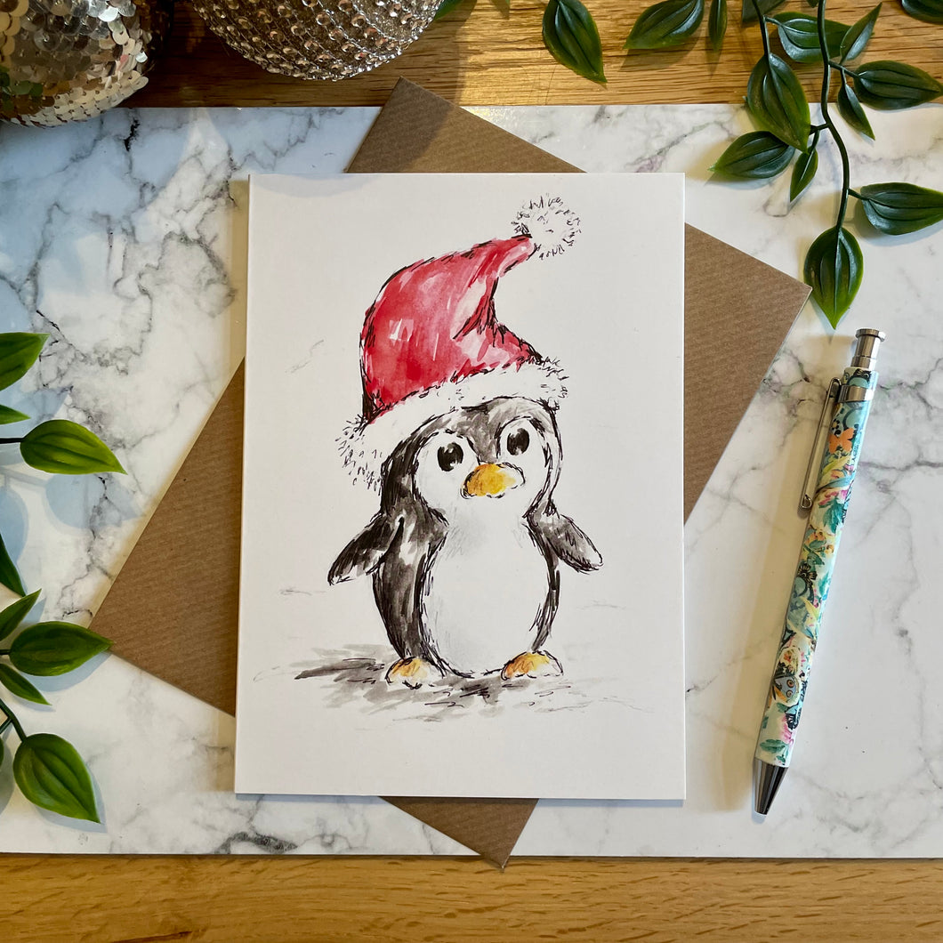 Penguin Santa Hat - Christmas Card
