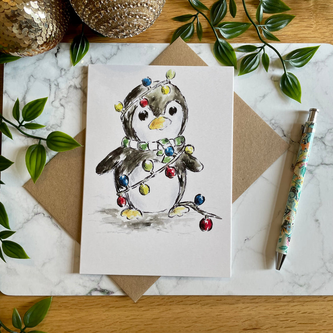 Penguin Christmas Lights - Christmas Card