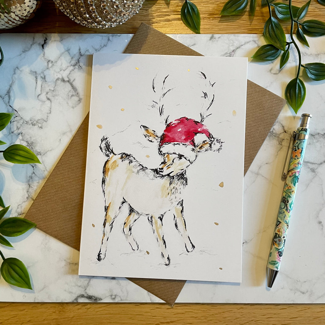 Reindeer Santa Hat Over Eyes - Christmas Card